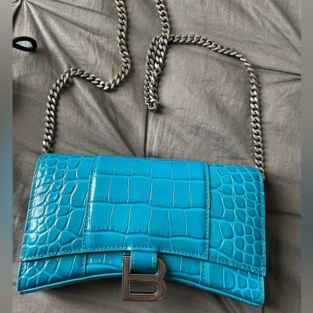 Balenciaga Hourglass Glossy Croc Embossed Leather Wallet On a chain